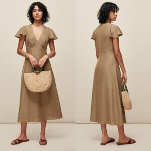WHISTLES Frill Sleeve Midi Dress Womens Size 2 Linen Cotton Minimalist Olive